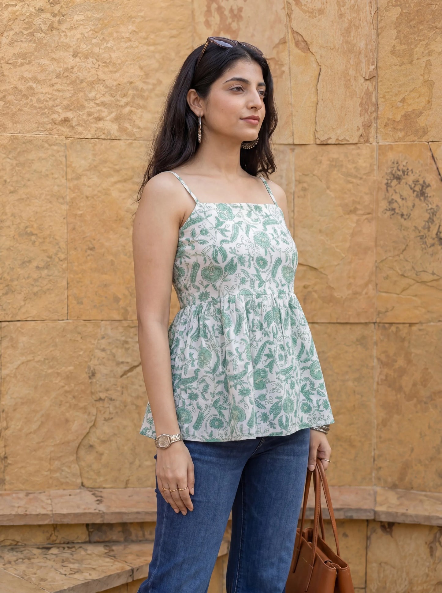 Cotton White And Gree Strappy Top