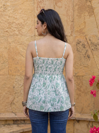 Cotton White And Gree Strappy Top
