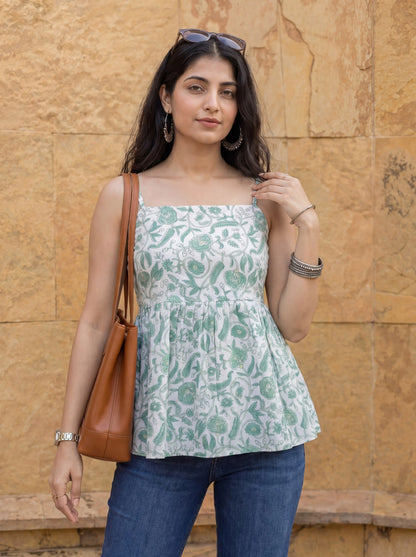 Cotton White And Gree Strappy Top