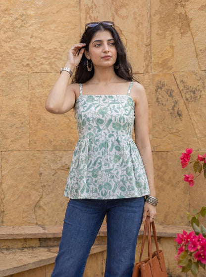 Cotton White And Gree Strappy Top