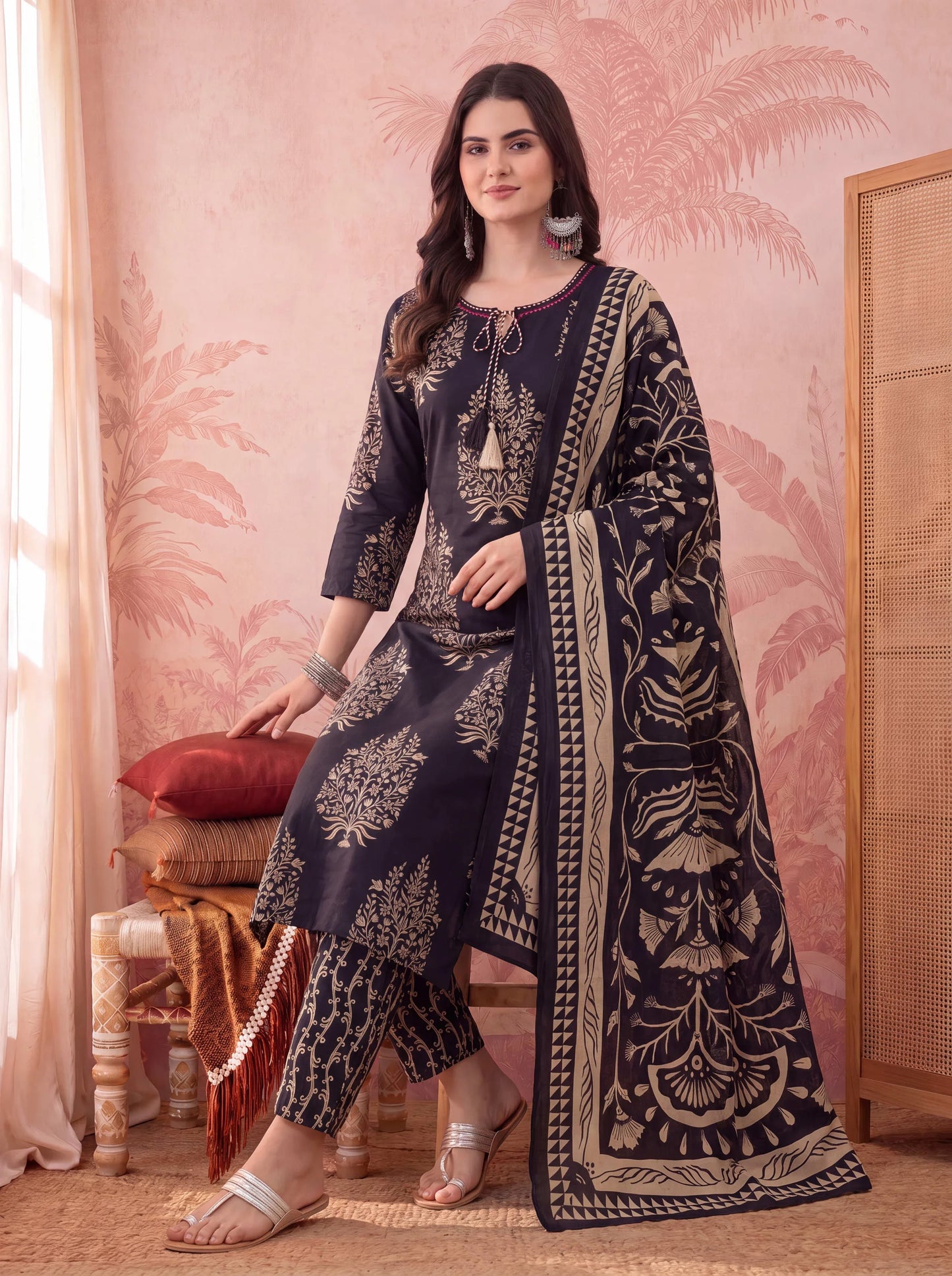 Straight Pure Cotton Kantha Work Kurta Trouser Dupatta Set