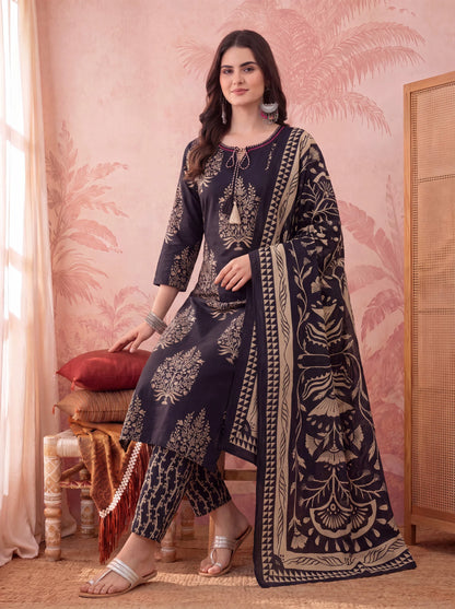 Straight Pure Cotton Kantha Work Kurta Trouser Dupatta Set