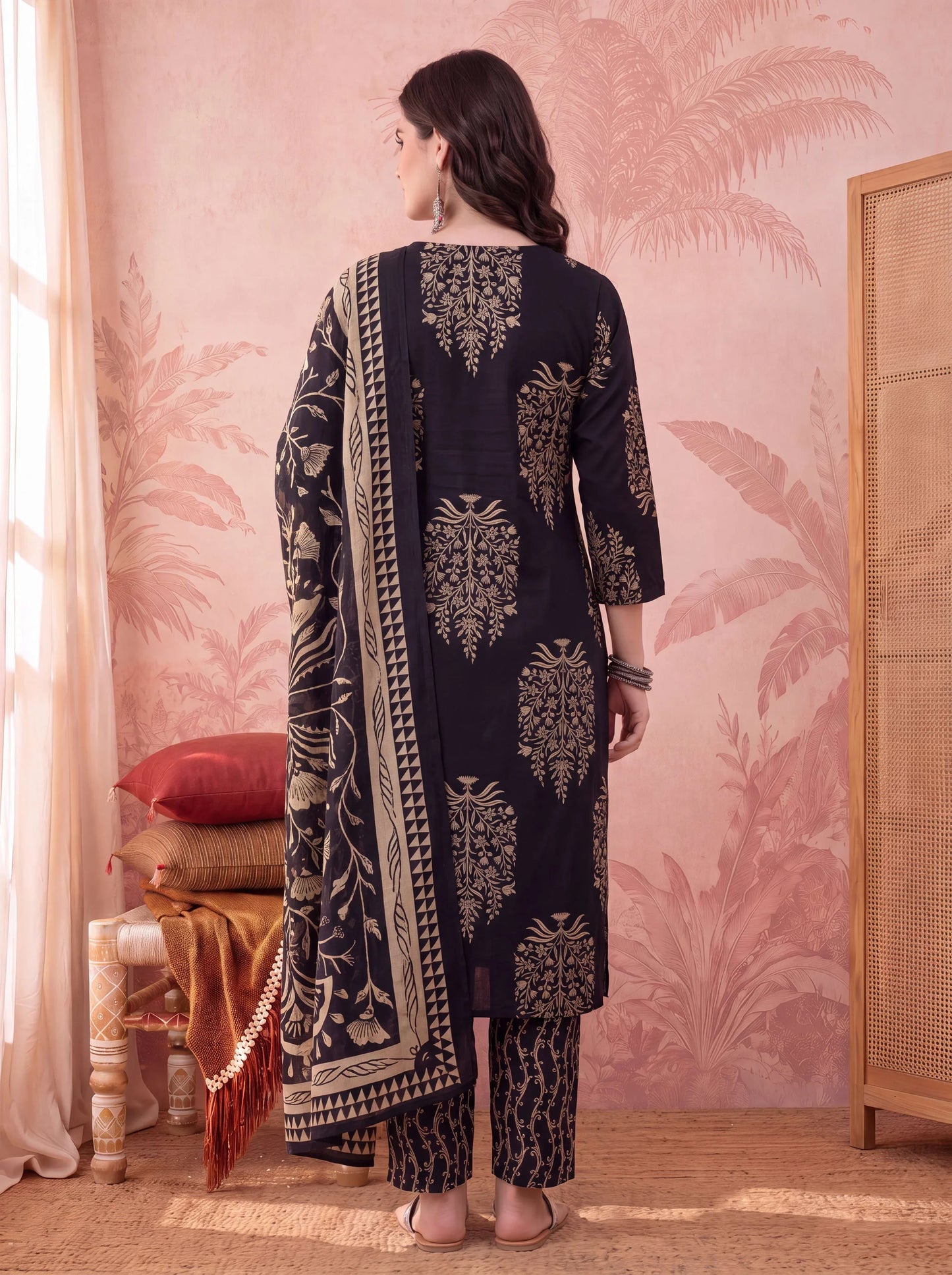 Straight Pure Cotton Kantha Work Kurta Trouser Dupatta Set