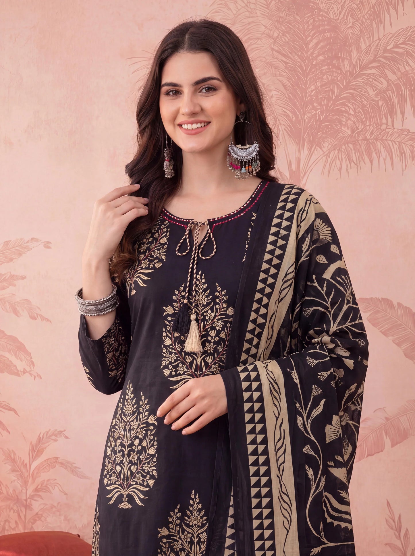 Straight Pure Cotton Kantha Work Kurta Trouser Dupatta Set