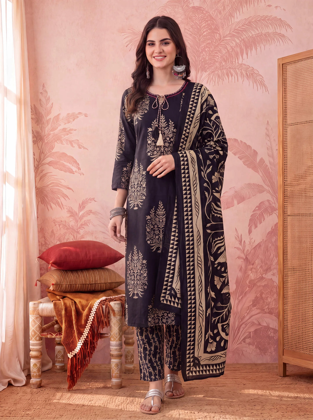 Straight Pure Cotton Kantha Work Kurta Trouser Dupatta Set