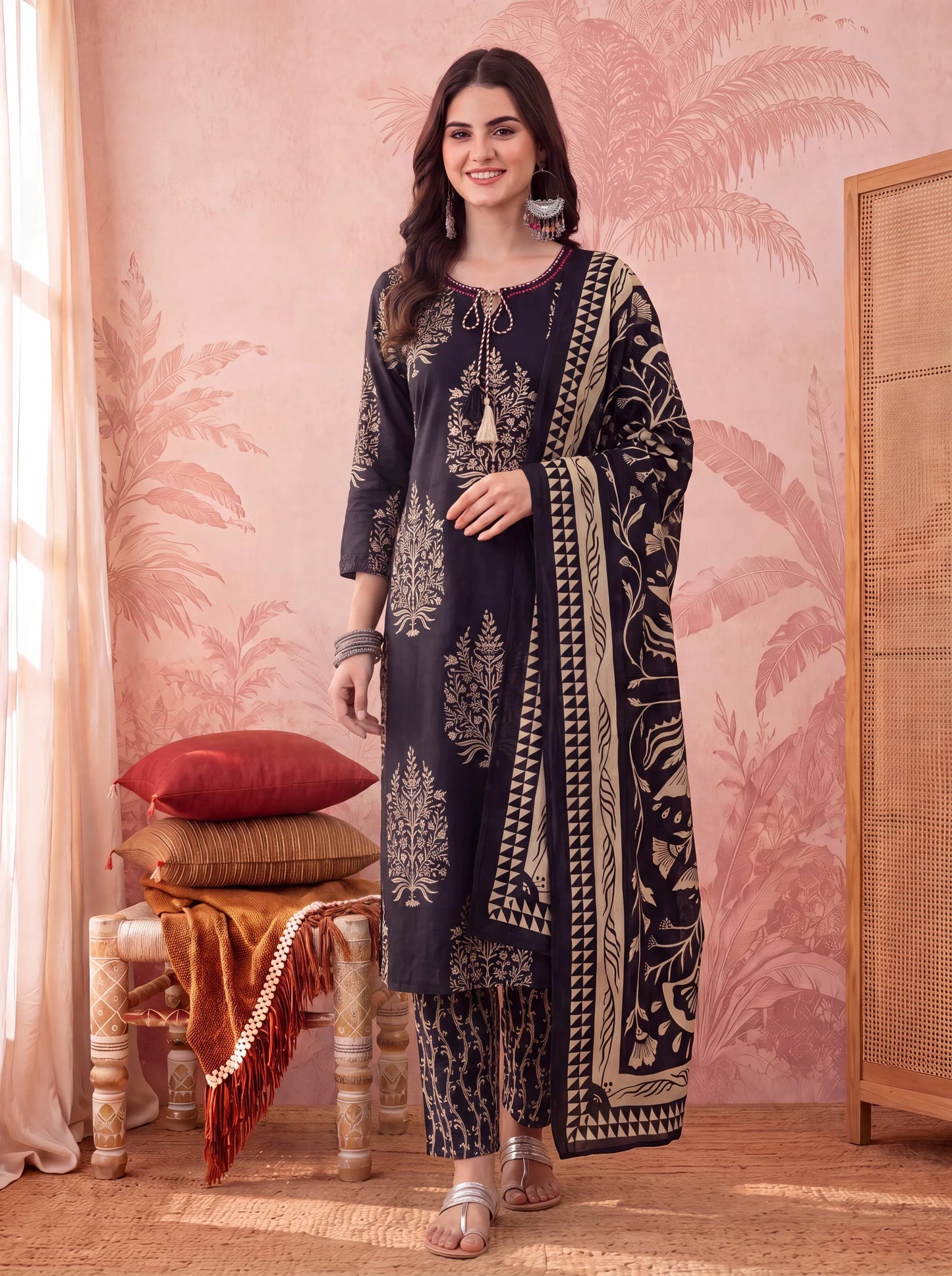 Straight Pure Cotton Kantha Work Kurta Trouser Dupatta Set