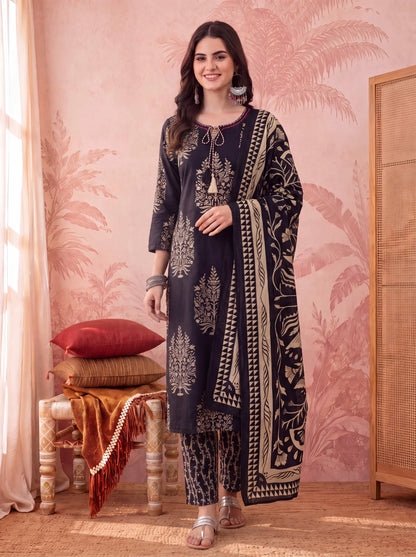 Straight Pure Cotton Kantha Work Kurta Trouser Dupatta Set