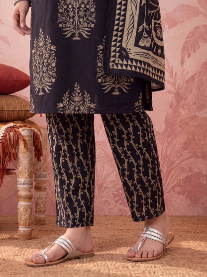 Straight Pure Cotton Kantha Work Kurta Trouser Dupatta Set