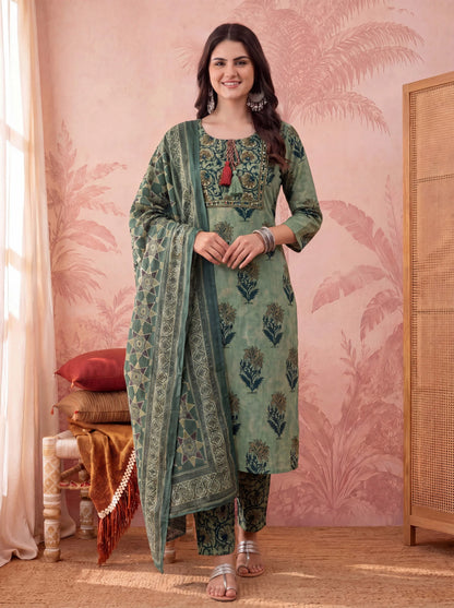 Straight Pure Cotton Floral Sequins Work Kurta Trouser Dupatta Set