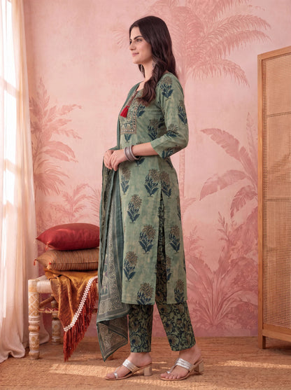 Straight Pure Cotton Floral Sequins Work Kurta Trouser Dupatta Set