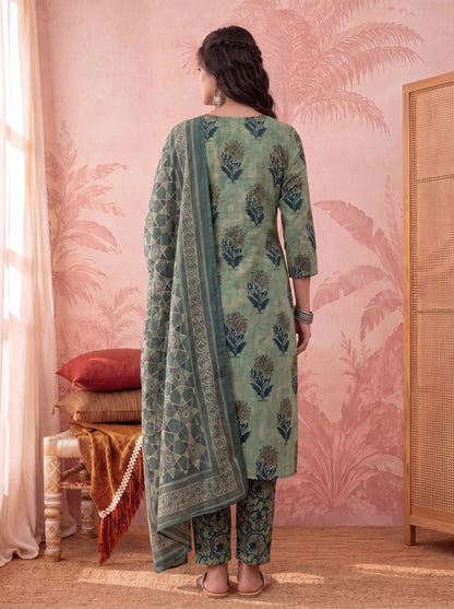 Straight Pure Cotton Floral Sequins Work Kurta Trouser Dupatta Set