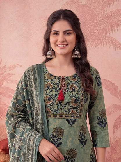 Straight Pure Cotton Floral Sequins Work Kurta Trouser Dupatta Set