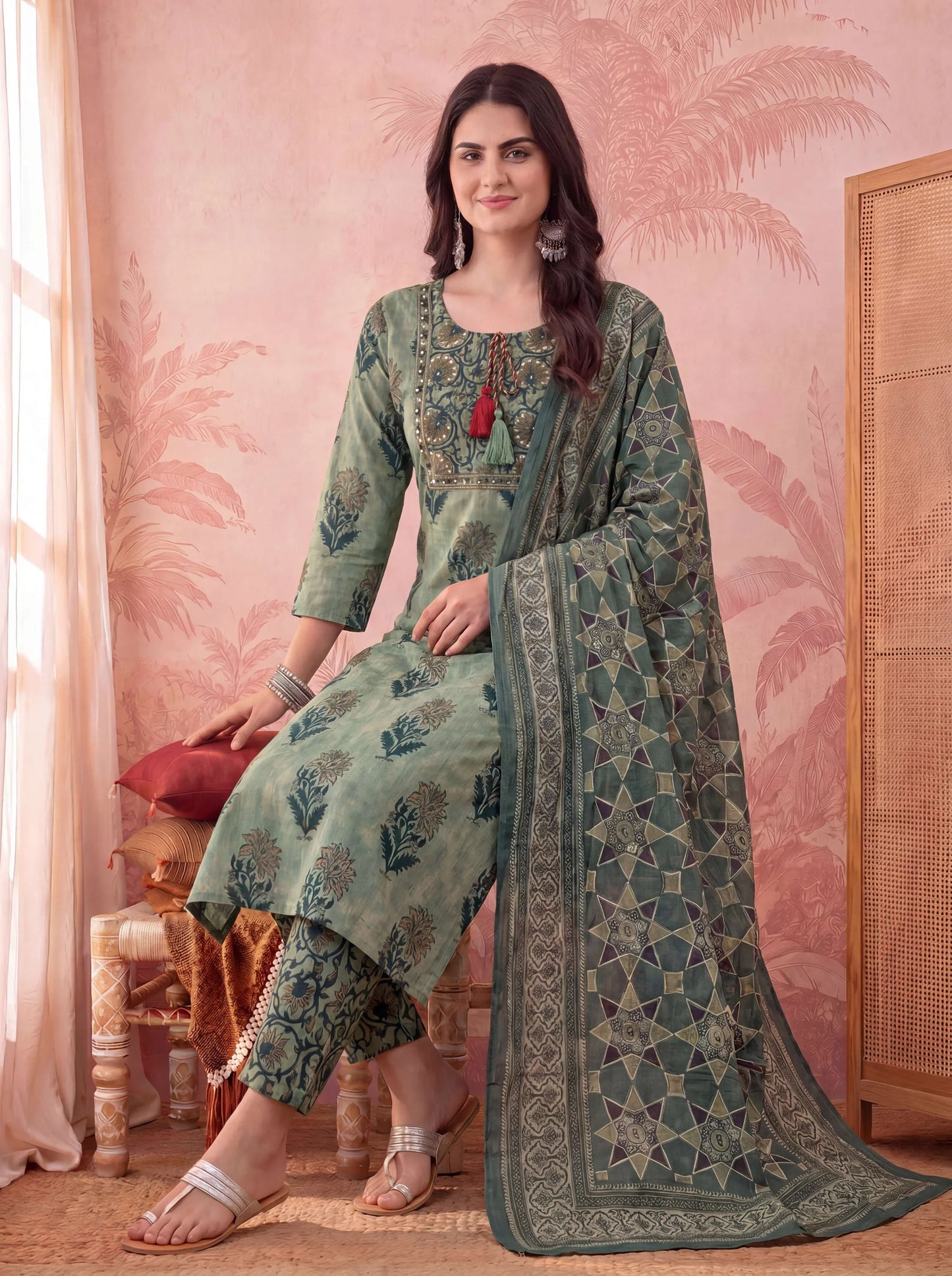 Straight Pure Cotton Floral Sequins Work Kurta Trouser Dupatta Set