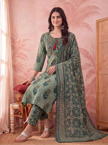 Straight Pure Cotton Floral Sequins Work Kurta Trouser Dupatta Set