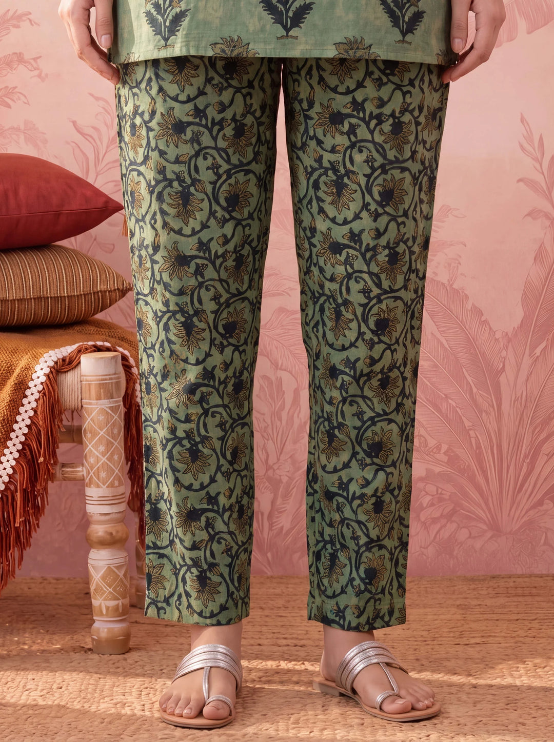 Straight Pure Cotton Floral Sequins Work Kurta Trouser Dupatta Set