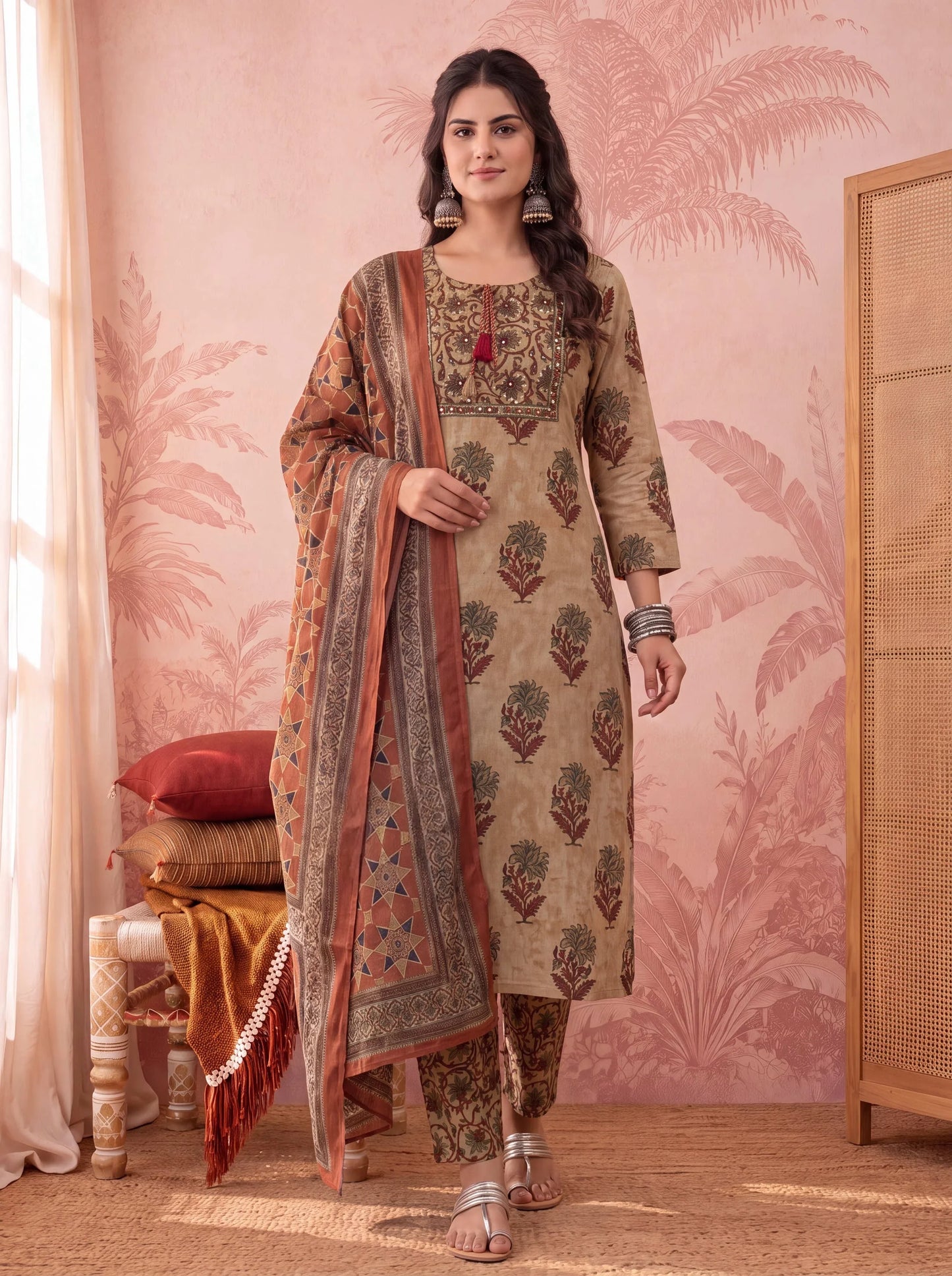 Straight Pure Cotton Floral Sequins Work Kurta Trouser Dupatta Set