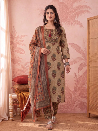 Straight Pure Cotton Floral Sequins Work Kurta Trouser Dupatta Set