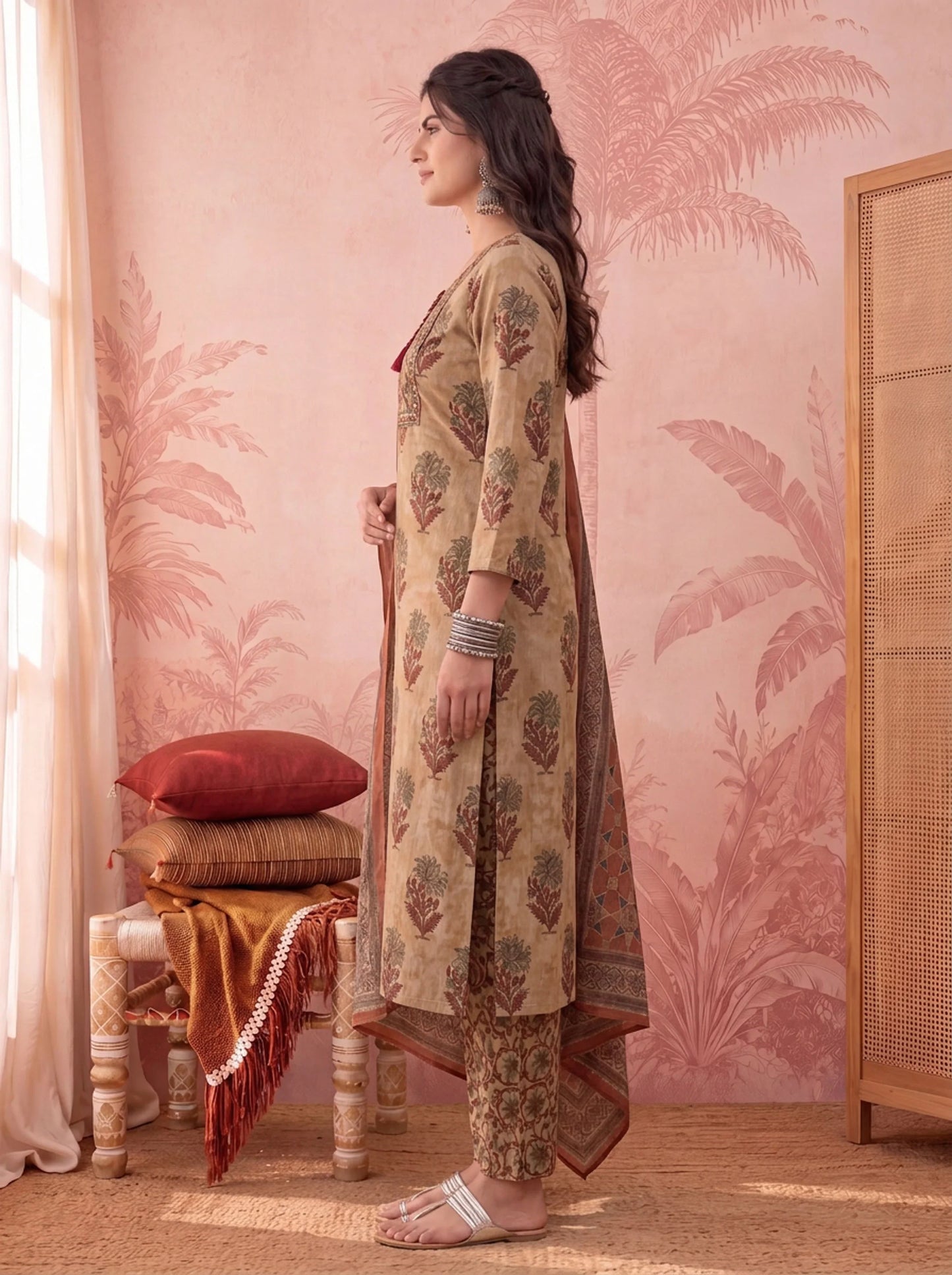 Straight Pure Cotton Floral Sequins Work Kurta Trouser Dupatta Set