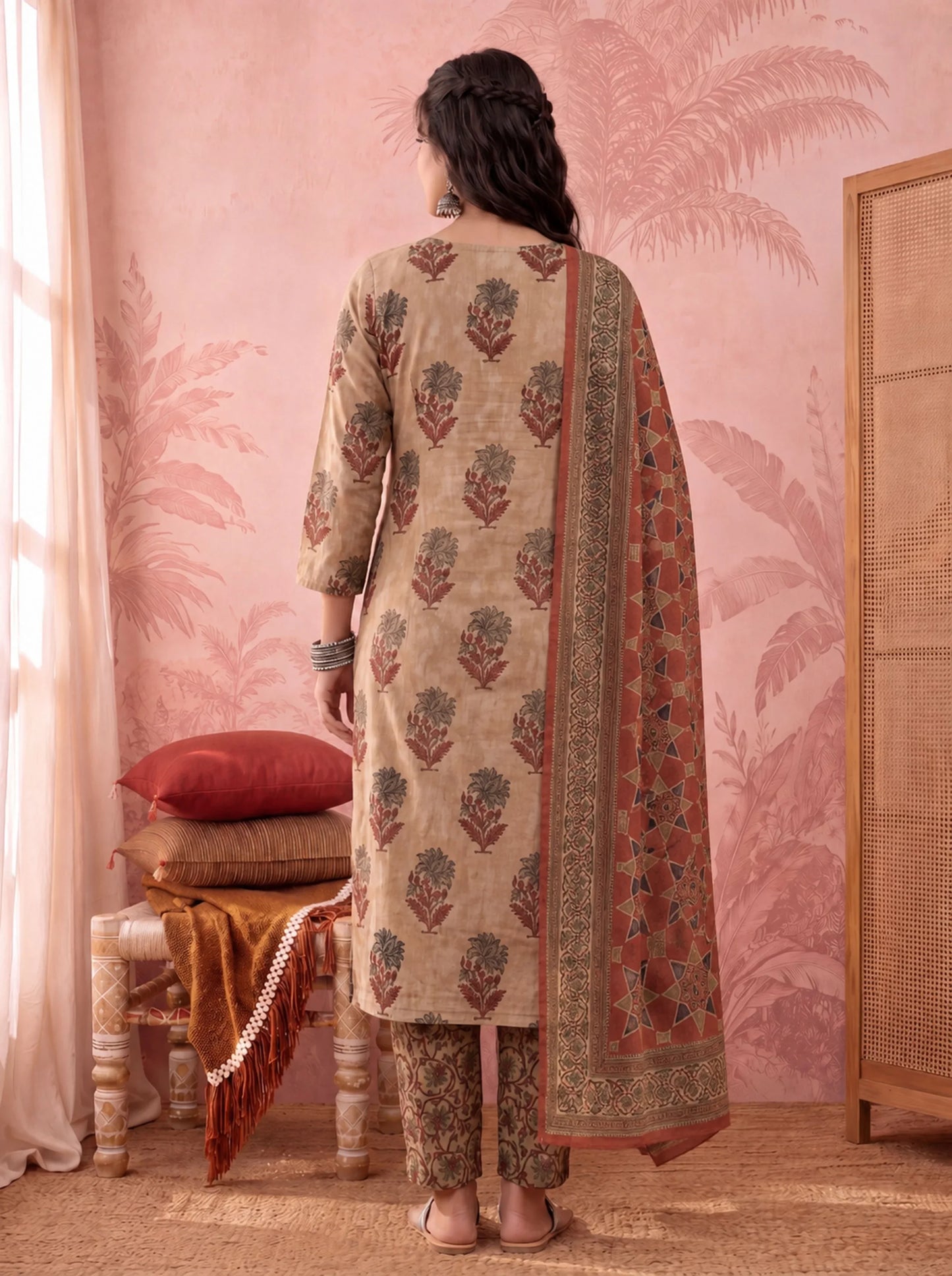 Straight Pure Cotton Floral Sequins Work Kurta Trouser Dupatta Set