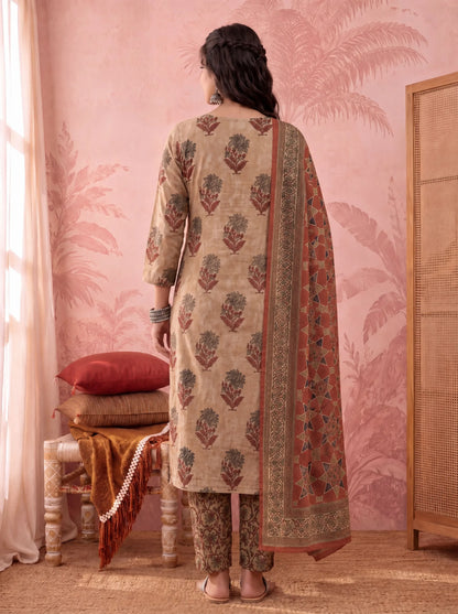 Straight Pure Cotton Floral Sequins Work Kurta Trouser Dupatta Set