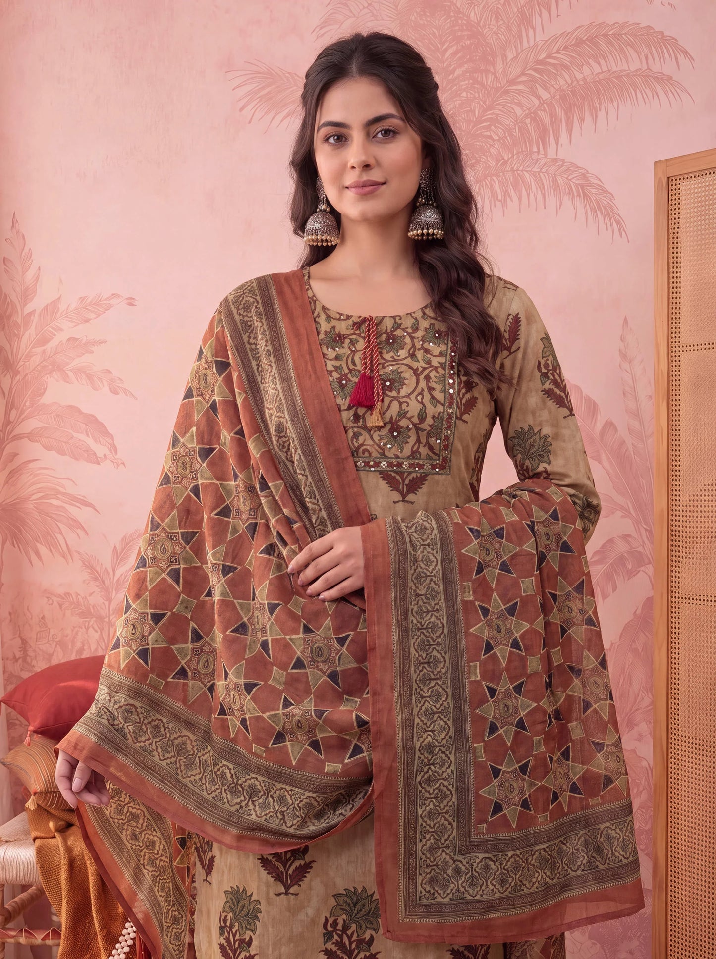 Straight Pure Cotton Floral Sequins Work Kurta Trouser Dupatta Set