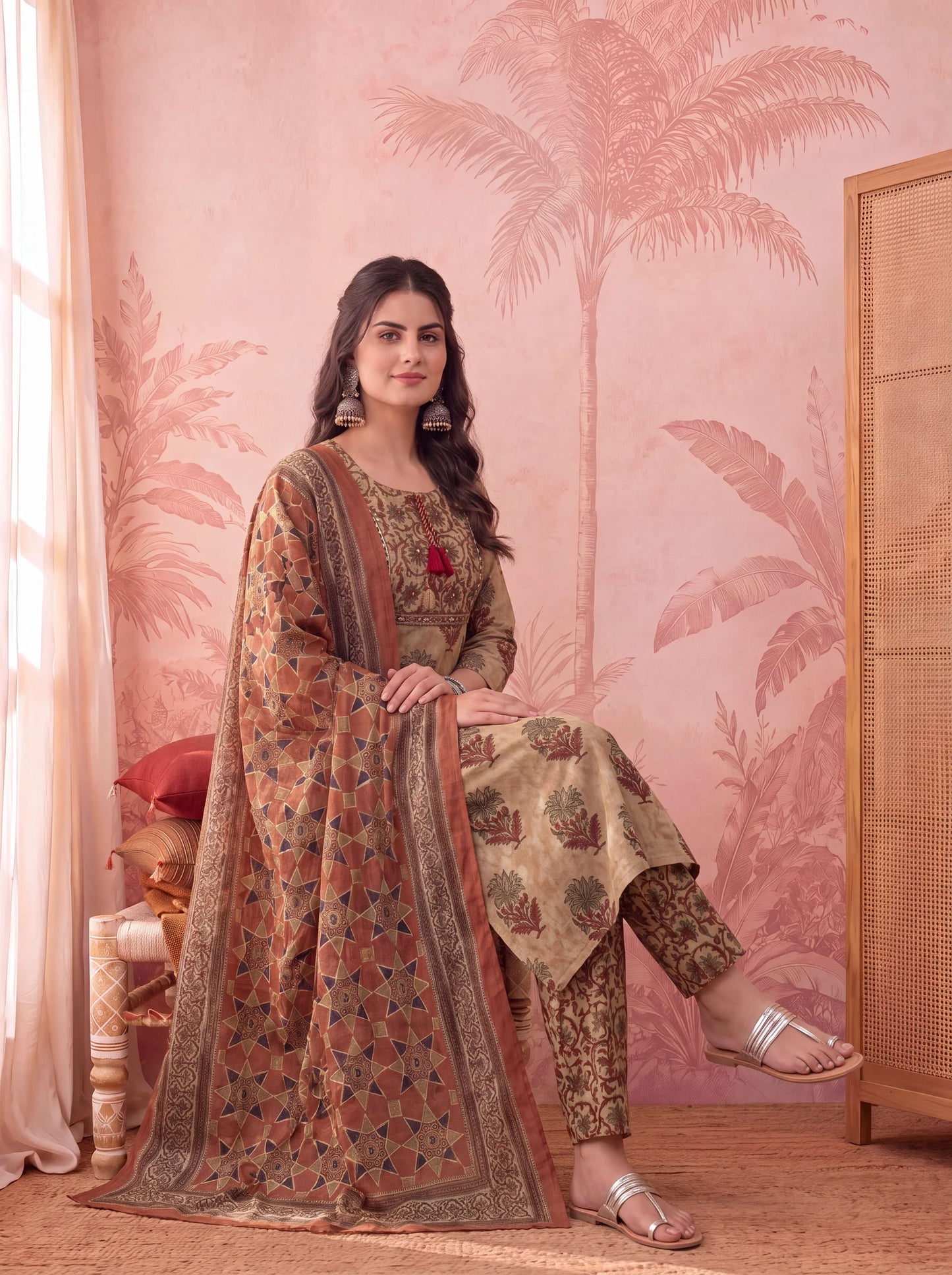 Straight Pure Cotton Floral Sequins Work Kurta Trouser Dupatta Set