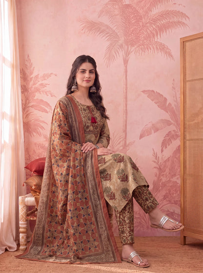Straight Pure Cotton Floral Sequins Work Kurta Trouser Dupatta Set