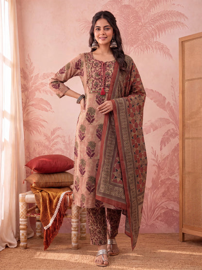 Straight Pure Cotton Floral Sequins Work Kurta Trouser Dupatta Set