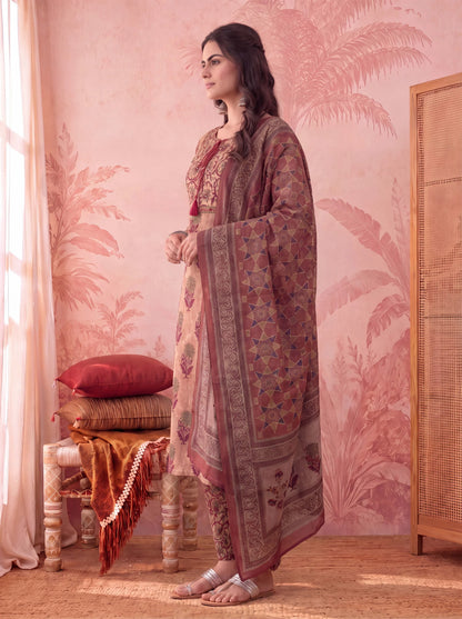 Straight Pure Cotton Floral Sequins Work Kurta Trouser Dupatta Set