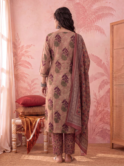 Straight Pure Cotton Floral Sequins Work Kurta Trouser Dupatta Set