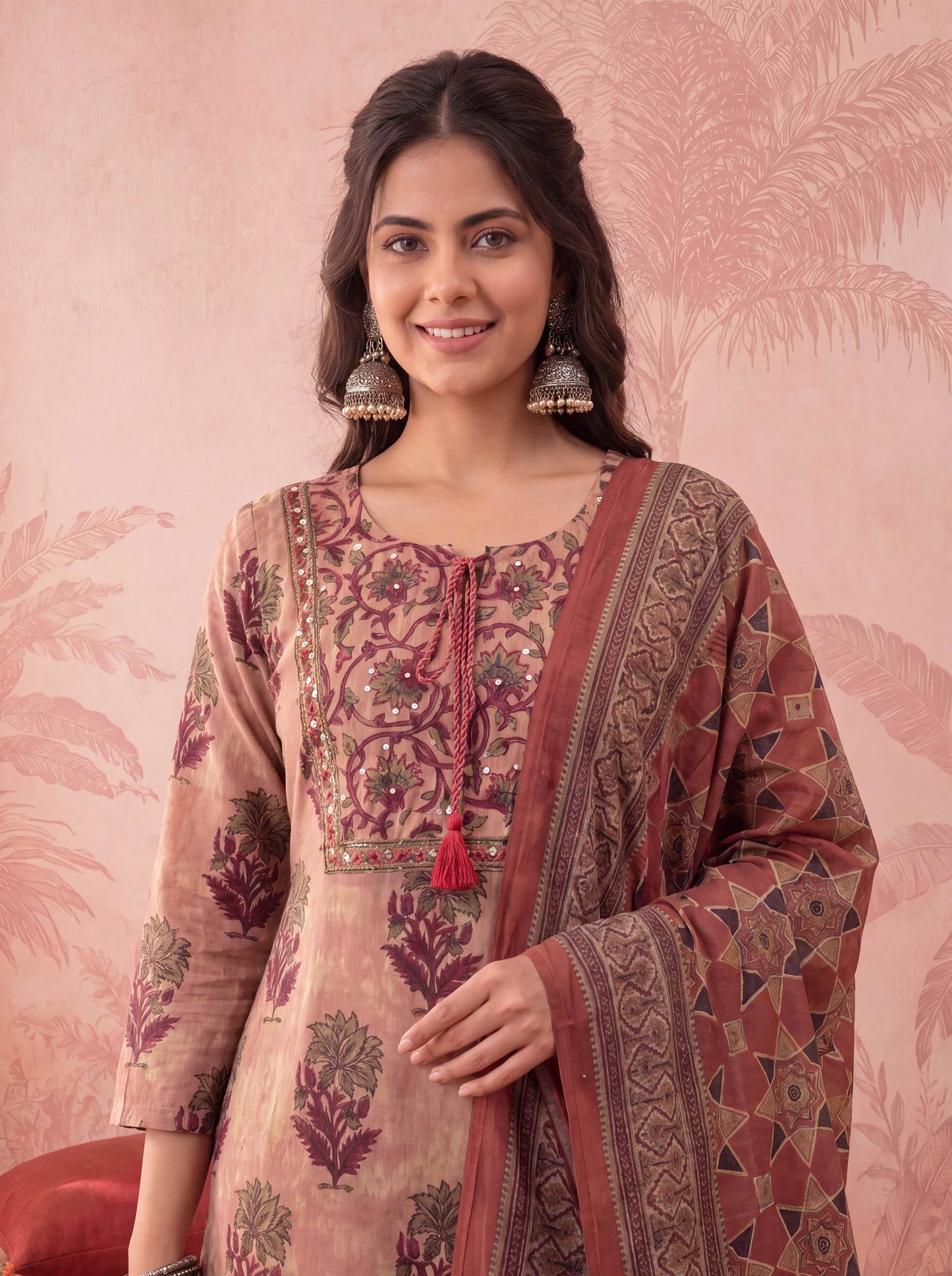Straight Pure Cotton Floral Sequins Work Kurta Trouser Dupatta Set