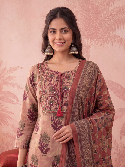 Straight Pure Cotton Floral Sequins Work Kurta Trouser Dupatta Set