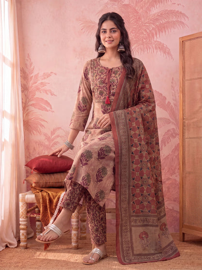 Straight Pure Cotton Floral Sequins Work Kurta Trouser Dupatta Set