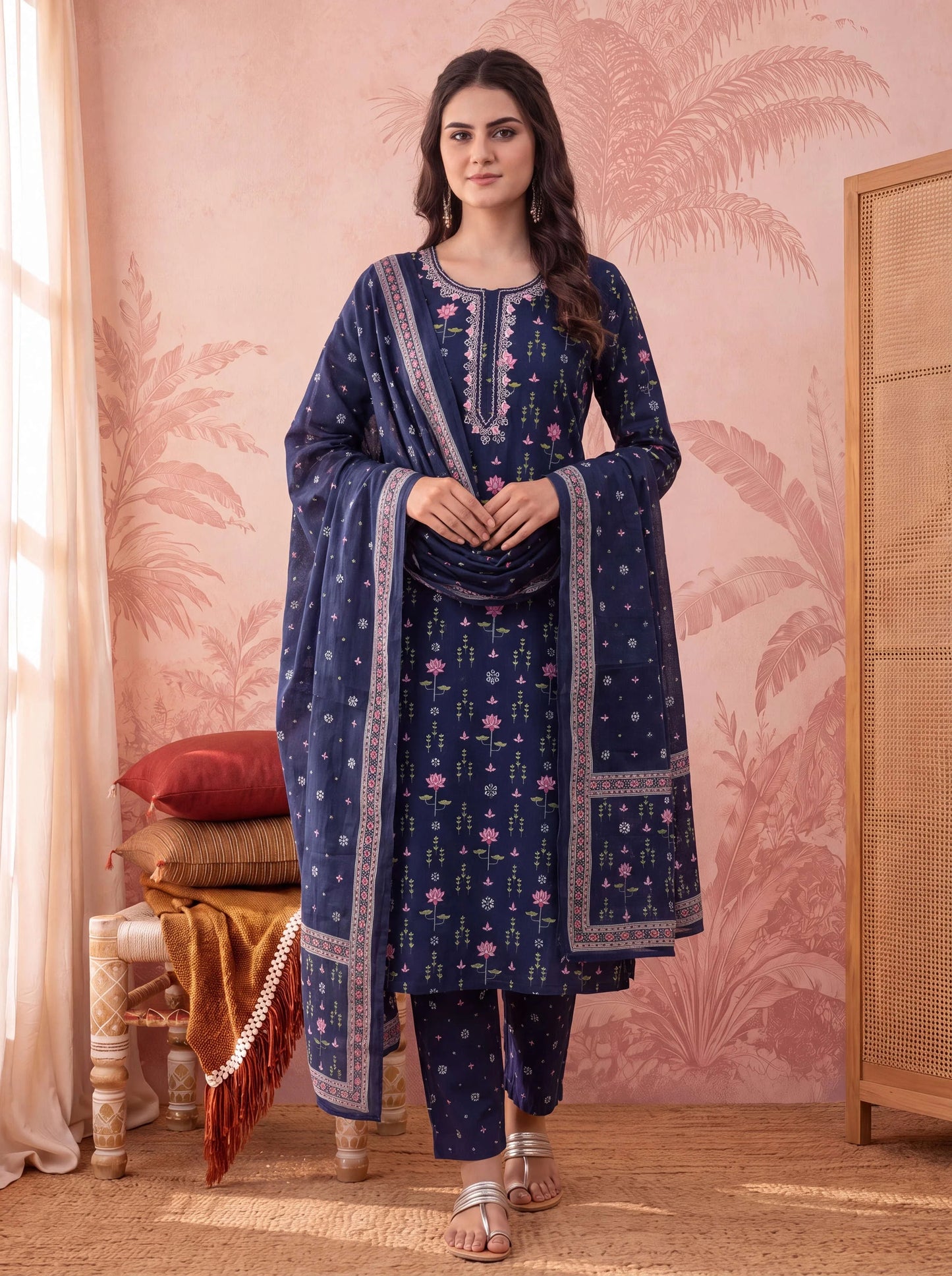 Straight Pure Cotton Floral Sequins Work Kurta Trouser Dupatta Set