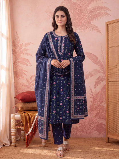 Straight Pure Cotton Floral Sequins Work Kurta Trouser Dupatta Set