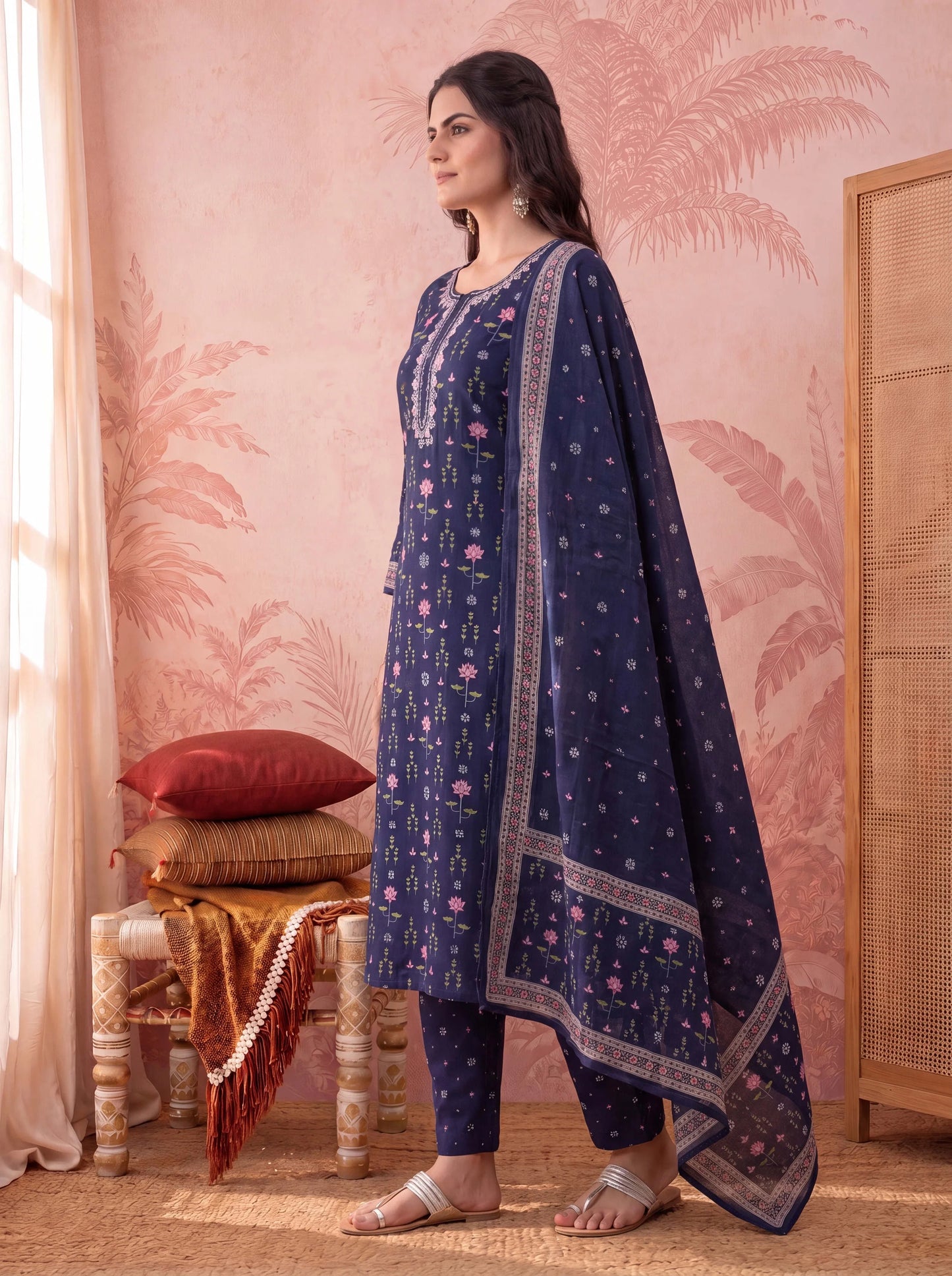 Straight Pure Cotton Floral Sequins Work Kurta Trouser Dupatta Set