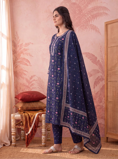 Straight Pure Cotton Floral Sequins Work Kurta Trouser Dupatta Set