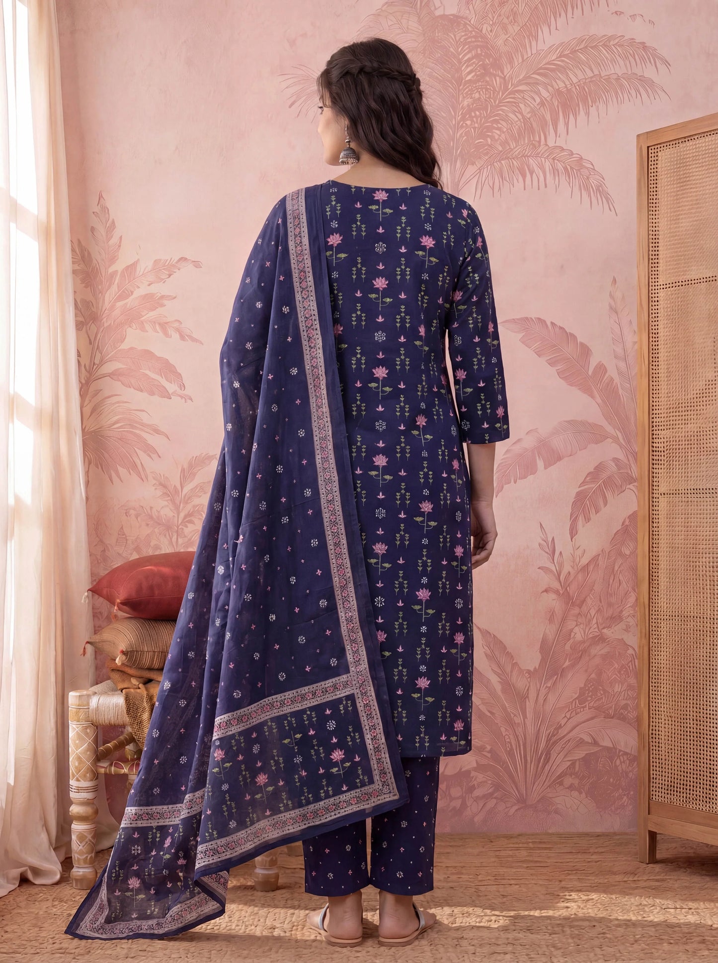 Straight Pure Cotton Floral Sequins Work Kurta Trouser Dupatta Set