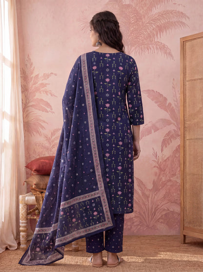 Straight Pure Cotton Floral Sequins Work Kurta Trouser Dupatta Set