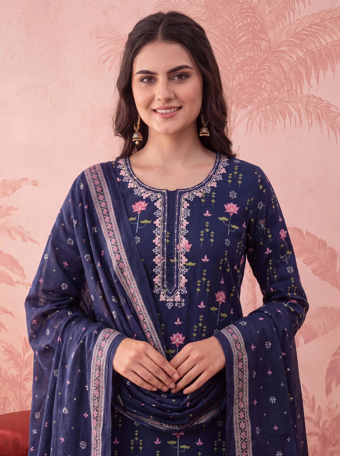 Straight Pure Cotton Floral Sequins Work Kurta Trouser Dupatta Set