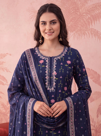 Straight Pure Cotton Floral Sequins Work Kurta Trouser Dupatta Set