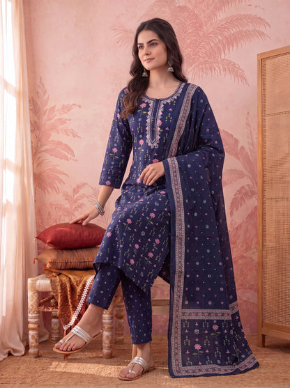Straight Pure Cotton Floral Sequins Work Kurta Trouser Dupatta Set