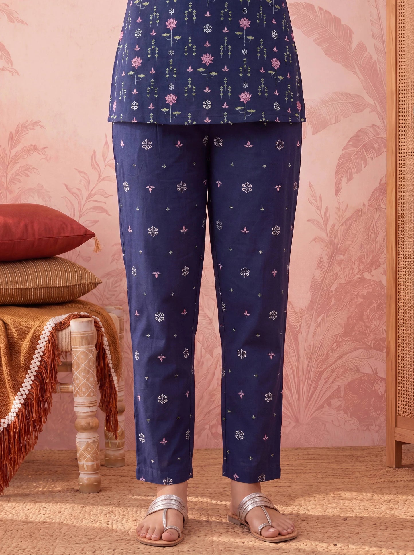 Straight Pure Cotton Floral Sequins Work Kurta Trouser Dupatta Set