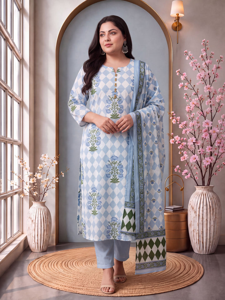 Cotton Straight Plus Size Kurta Pant Dupatta Set