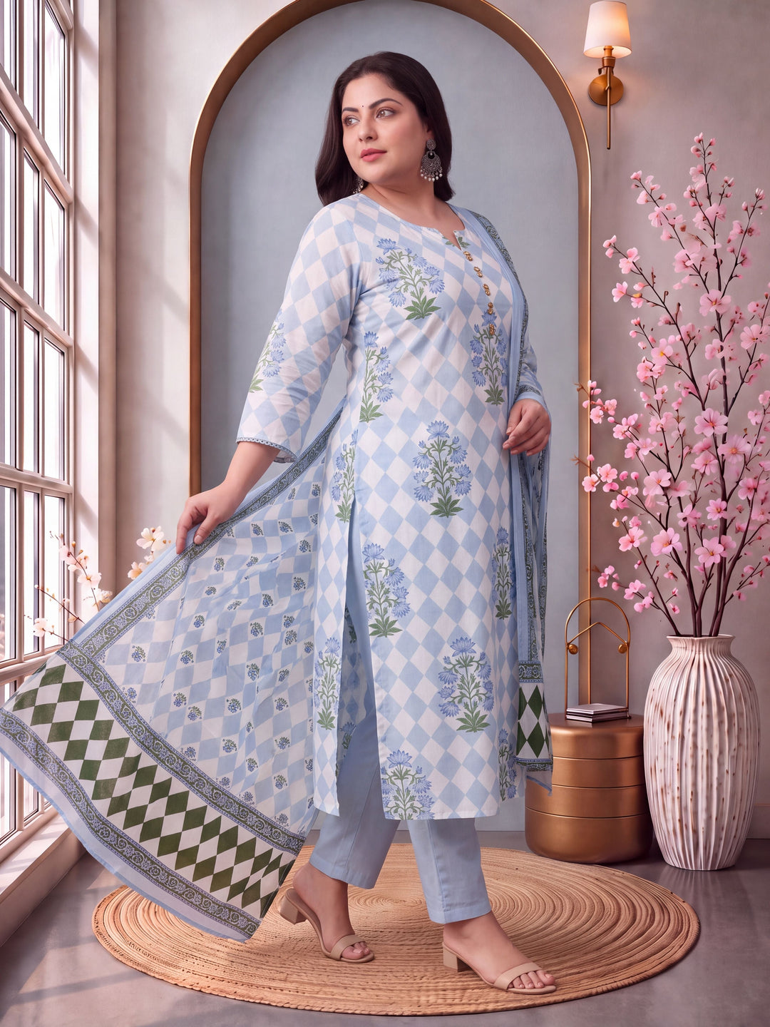 Cotton Straight Plus Size Kurta Pant Dupatta Set