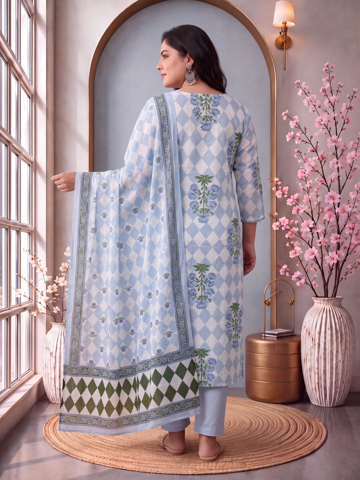 Cotton Straight Plus Size Kurta Pant Dupatta Set
