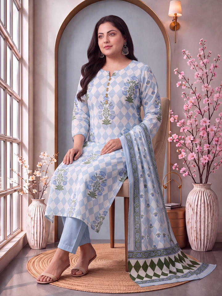 Cotton Straight Plus Size Kurta Pant Dupatta Set