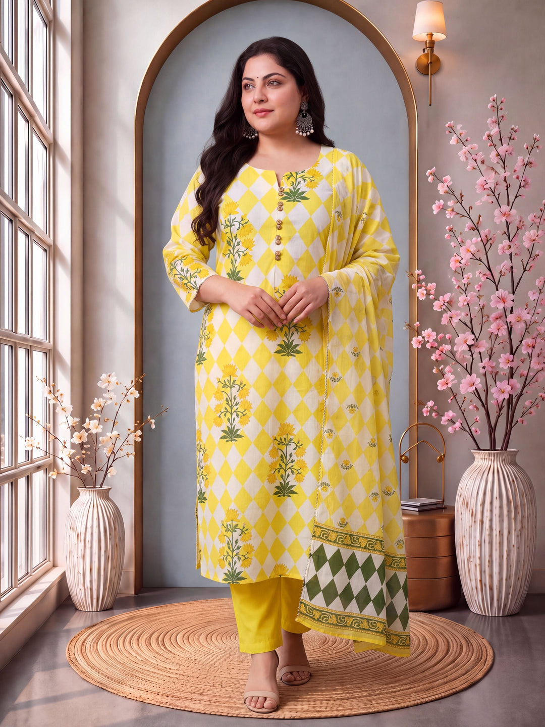 Cotton Straight Plus Size Kurta Pant Dupatta Set