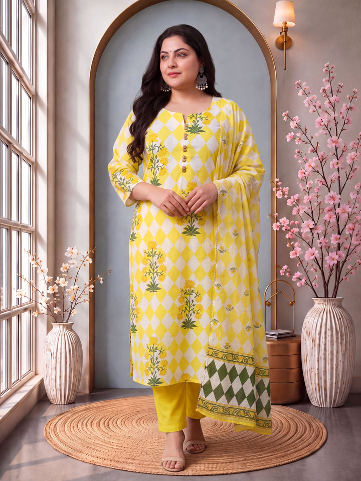 Cotton Straight Plus Size Kurta Pant Dupatta Set