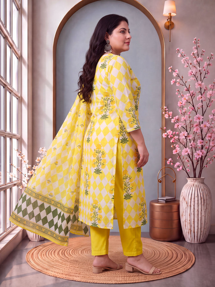 Cotton Straight Plus Size Kurta Pant Dupatta Set